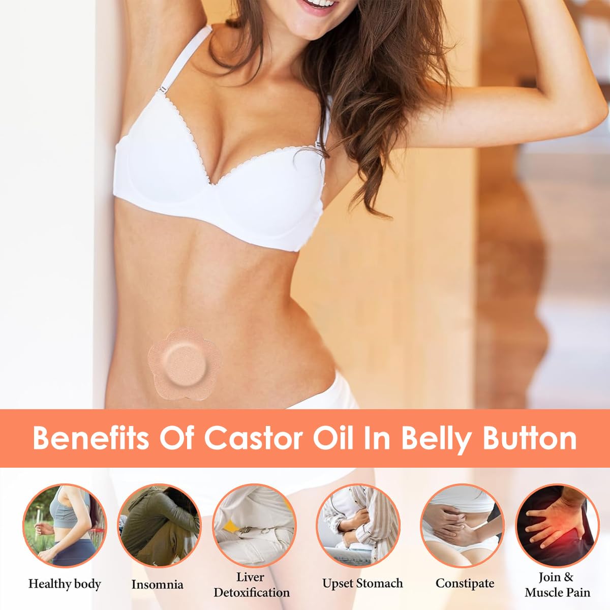 HANNEA Castor Oil Pack Wrap for Belly Button with Self‑Adhesive Floral Pads 30PCS Beige | Organic Cotton for Abdomen Therapy and Detox Relief