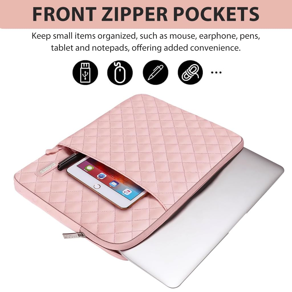 ZORBES Laptop Bag for Travel with Dual Zipper Compartment and Waterproof Quilted Design | 13 in Sleeve and SSD Pouch Pink