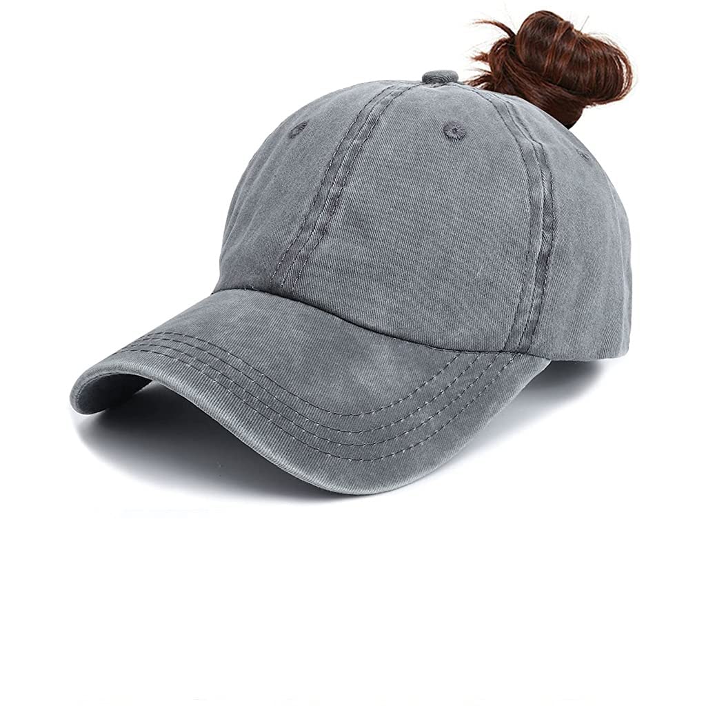 GUSTAVE® Grey Vintage Baseball Adjustable Stylish Cap Friendly with Ponytail, High Bun for Girls & Women