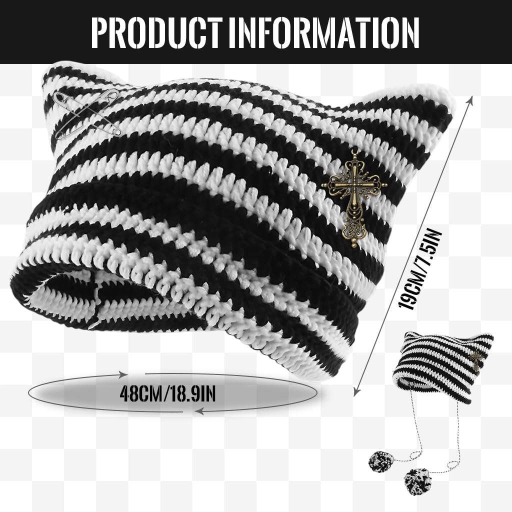 Venzina Crochet Hat for Women featuring Cat Ear Design and Cross Charm | Y2K Winter Beanie