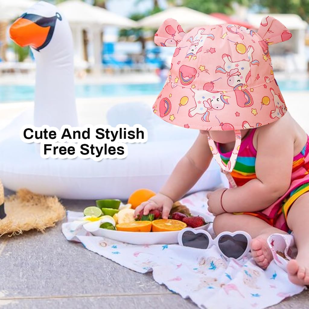 SNOWIE SOFT® Baby Sun Hat Wide Brim Bucket Hat for Todders, Breathable Hat with Chin Strap Cover for Age 1-2, Cartoon Summer Hat Outdoor Hat with Whistle for Spring Summer, Beach Hat for Girl