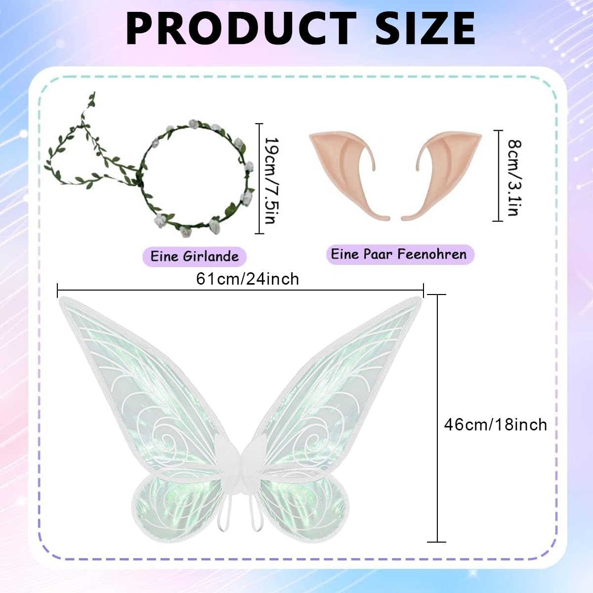 PATPAT® Fairy Wings for Girls for Kids 5+ Years, Butterfly Wings for Baby Girl Butterfly Theme Birthday Party Decorations with Elf Ears Angel Wings Flower Garland for Decoration, Halloween Costume