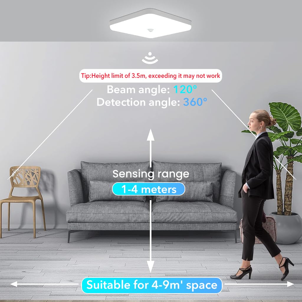 ELEPHANTBOAT LED Ceiling Light for Living Room and Bathroom with PIR Motion Detector 30W 9.8 in 2400LM 6500K | Square Flush Mount Lighting