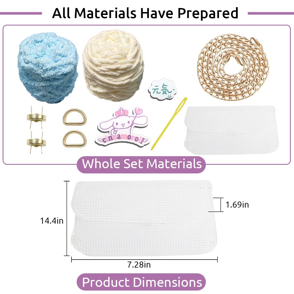 HASTHIP Plastic Mesh Canvas Sheets for DIY Kawaii Cinnamoroll Bag with Chenille Yarns | Embroidery and Crochet Craft Kit