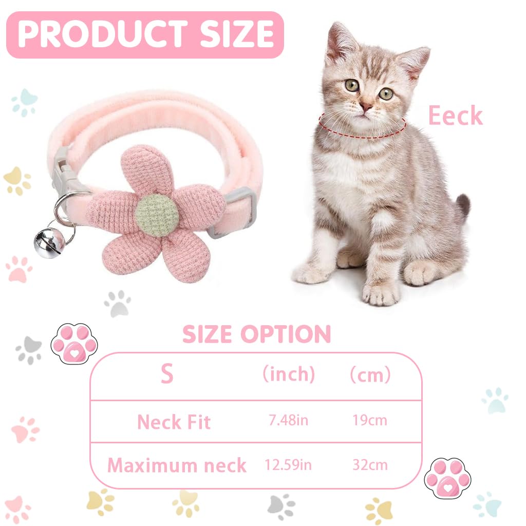 Qpets Cat Collar with Quick Release Buckle and Soft Adjustable Plush Material | Pink Beige Flower and Silver Bell for Cats