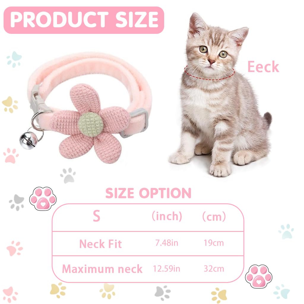 Qpets® Cat Collar Pet Collar Cute Pink Flower Cat Collar with Bell, Lovely Cat Collar Quick Release Adjustable Cat Collar Soft Plush Collar Cat Gift Cat Collar