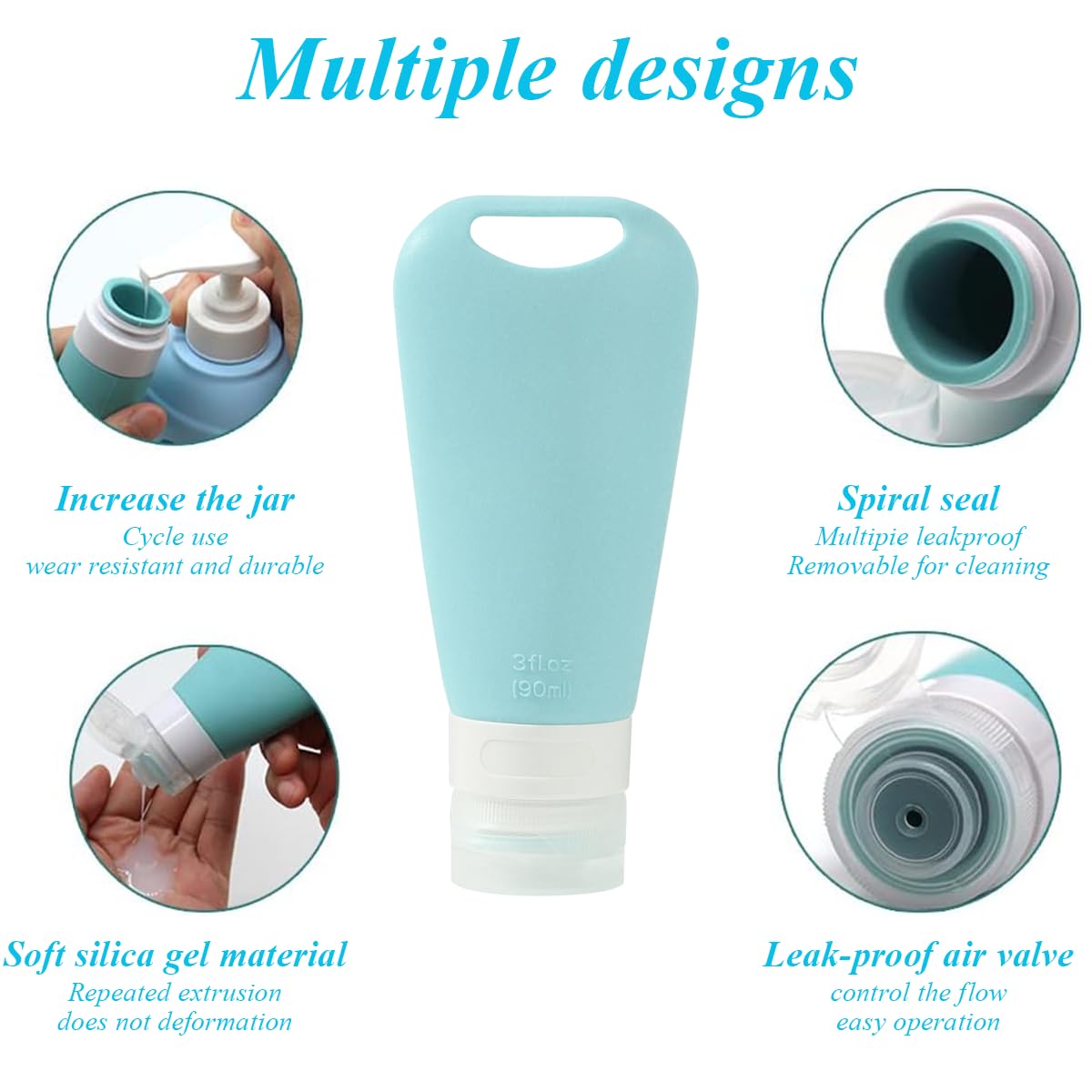 MAYCREATE Travel Bottles for Toiletries with Carabiners featuring 3 Pack 90ml Soft Silicone | Leakproof Refillable Containers