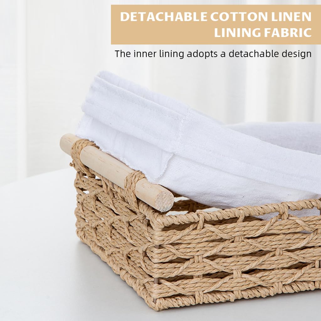 HASTHIP Desk Organizer for Bathroom and Dresser with Wooden Handle | 2 Sizes 30x20x10cm & 25x15x8cm Rustic Rattan Fabric Lined Storage Box