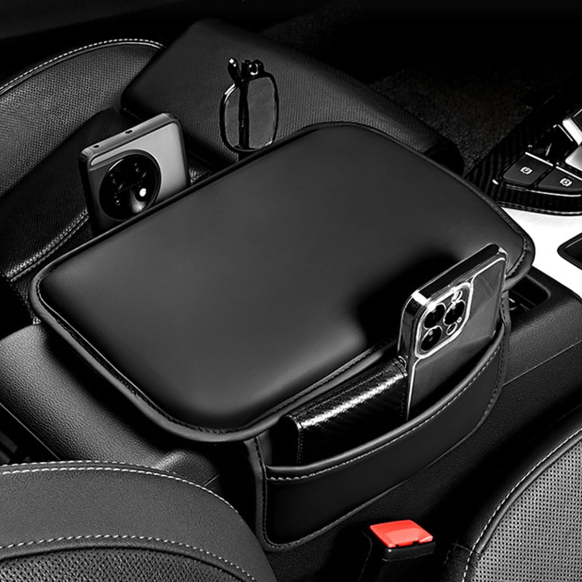 STHIRA Car Armrest Cushion for Center Console with Dual Storage Pouches and Memory Foam Support | PU Leather Cover for Universal Car Models