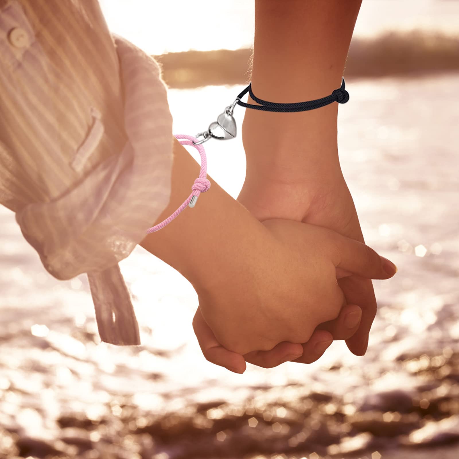 MAYCREATE Friendship Bracelets for Couples with Magnetic Heart Pendants and Adjustable 14–26 cm Rope | Velvet Gift Bag for Him and Her