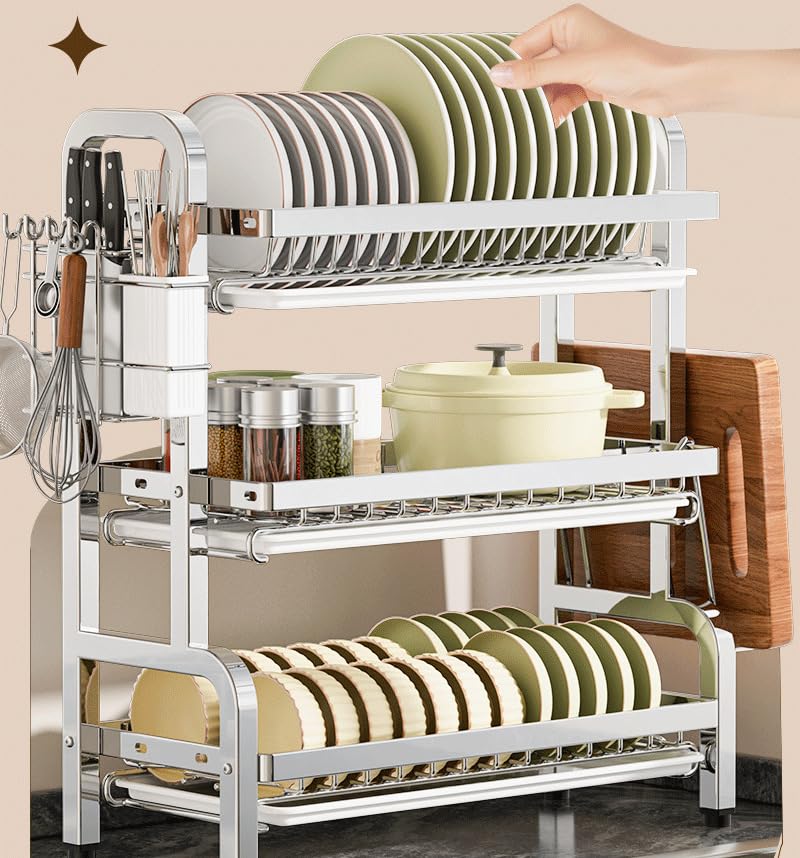 HASTHIP® Dish Drying 3-Layer Drain Rack, Plates Dishes Dry Rack with Removable Water Catch Tray Stainless Steel Kitchen Organizer Modern Kitchen Cutlery Organizer, 43x23.5x63cm-Metallic Silver