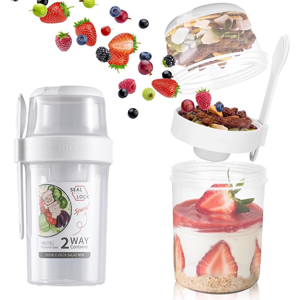 HASTHIP Breakfast On the Go Cup for Yogurt and Oats with 350ml and 760ml Dual Containers | Leak-Proof PP Jar Featuring Screw Cap and Detachable Sauce Case