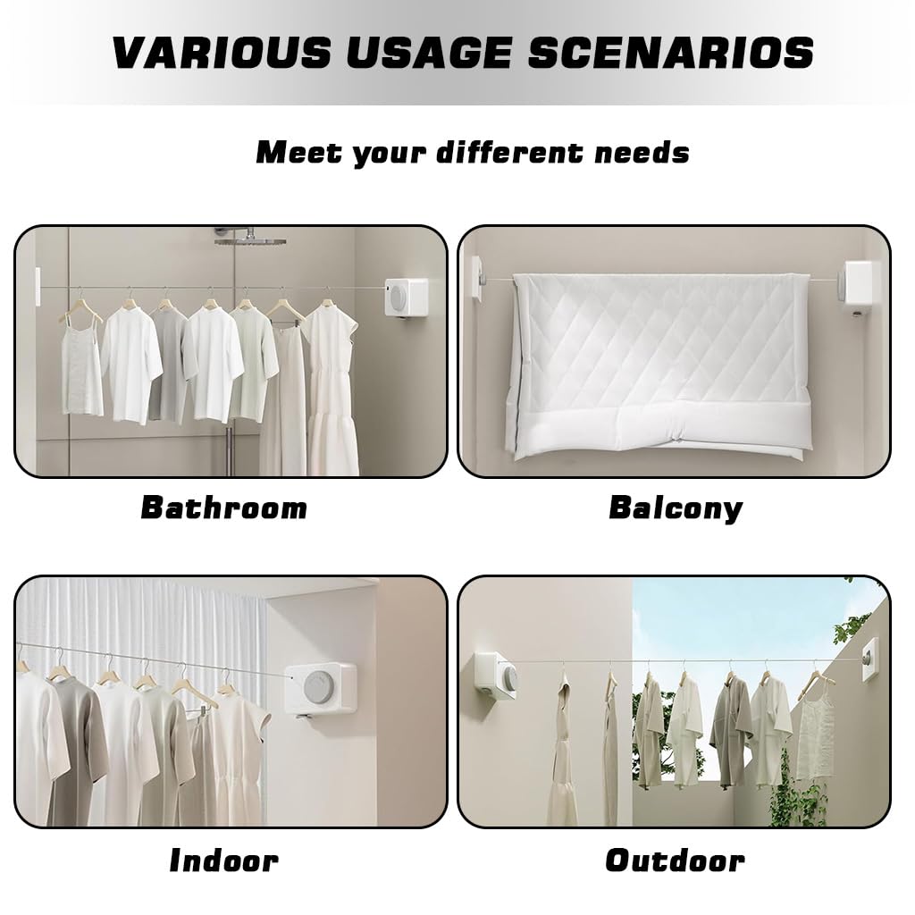 HASTHIP Retractable Clothesline for Indoor and Outdoor Use with One Button Retract | 4.2m Stainless Steel Adjustable Tension Laundry Line