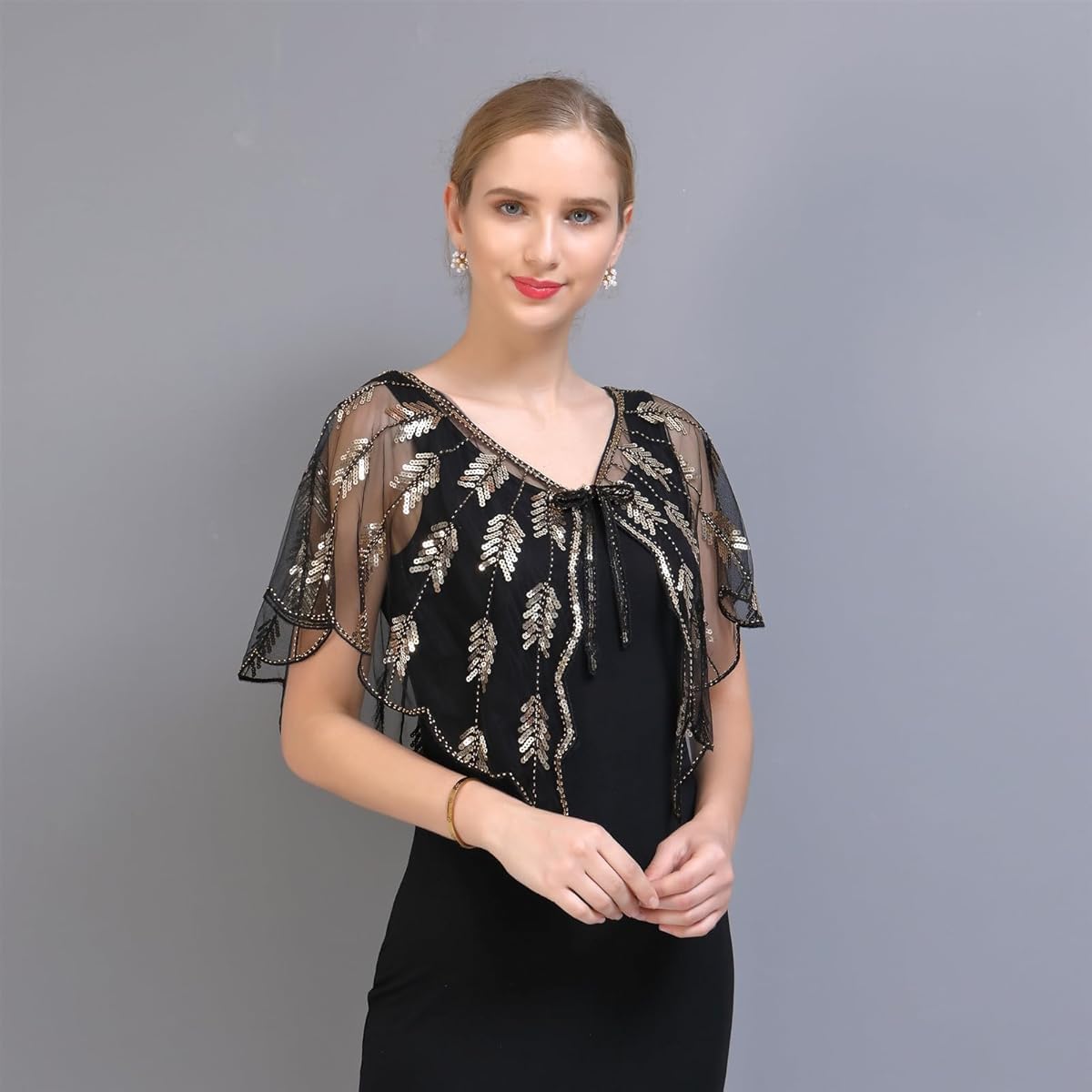 SANNIDHI Sheer Wrap Cape Shawl for Evening Gown featuring Gold Sequin Tie Up Design | Elegant Cover Up for Women