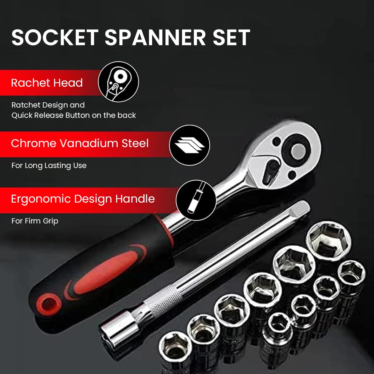 STHIRA Ratchet Socket Wrench Set for Car Repairs with 5 in Extension Bar and Chrome Vanadium Steel | 12 in 1 Heavy Duty Tool
