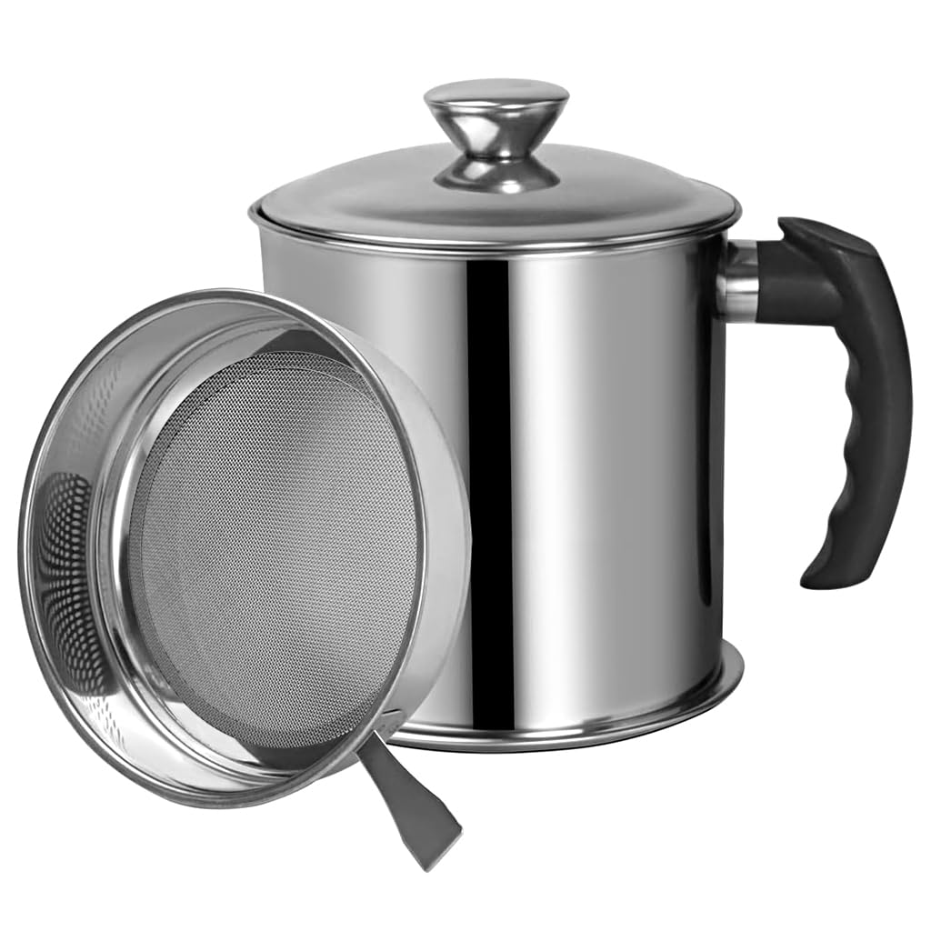 Supvox Kitchen Oil Container for Grease Storage featuring 48oz Capacity and Sieve Lid | 304 Stainless Steel with Handle