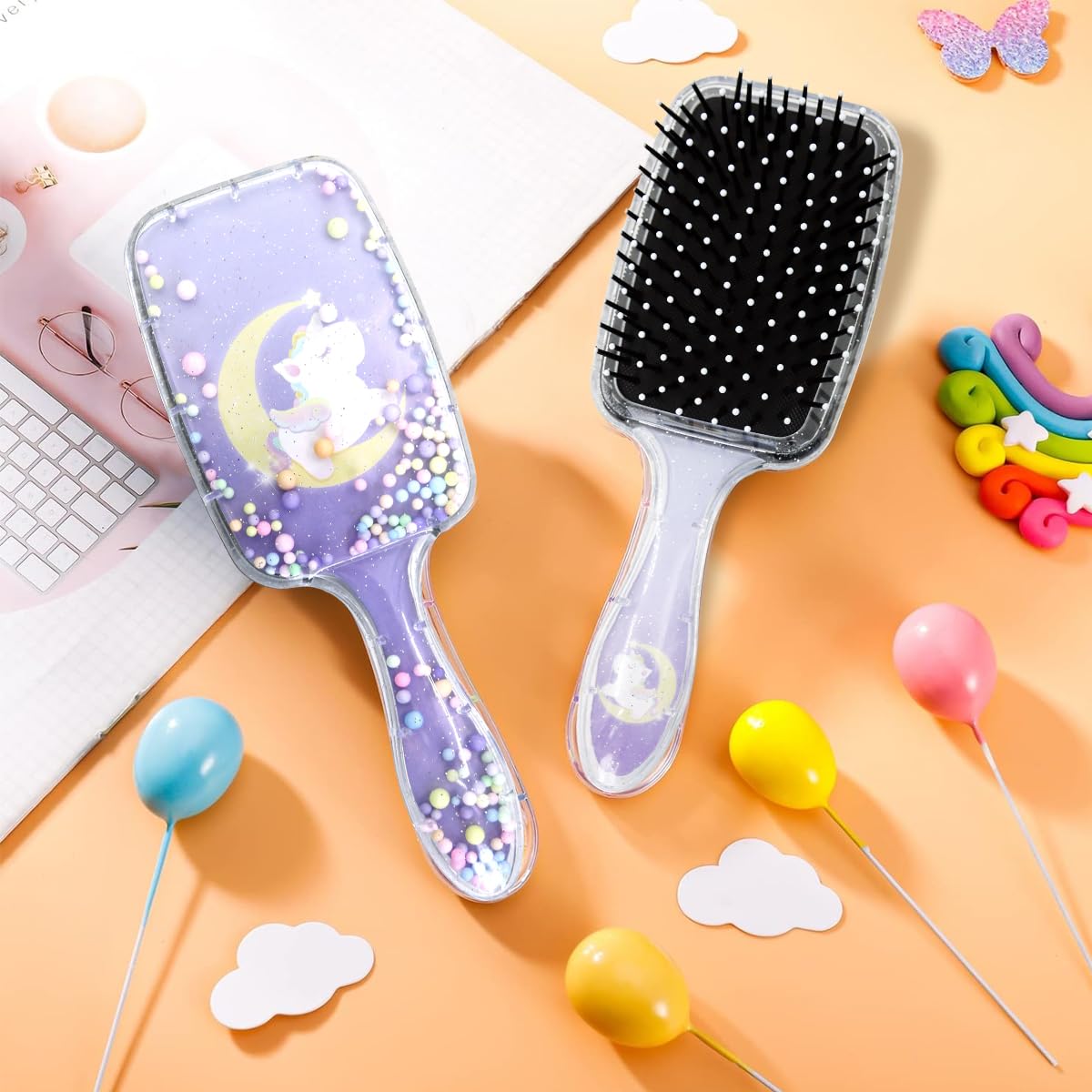 PALAY® Hair Brush for Kids and Women Cute Unicorn Paddle Hair Brush Hair Styling Comb for Kids Girls Soft Touch Scalp Large Detangler Hair Brush with Air Cushion and Soft Bristle - Purple