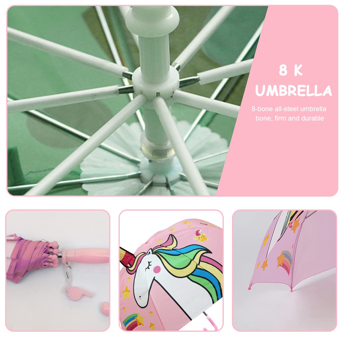 PALAY Kids Umbrella for Rain with 29 inch Canopy and Curved Handle | 3D Unicorn Design