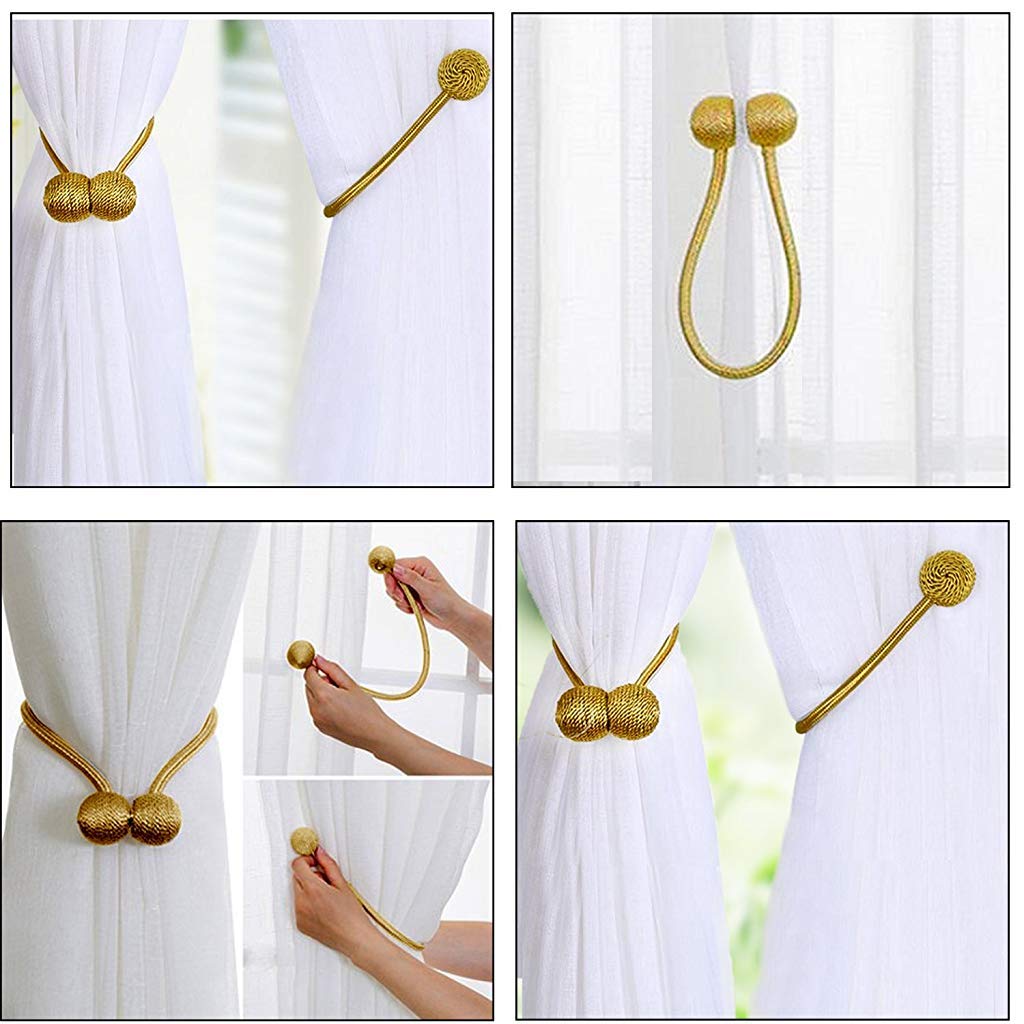 HASTHIP Curtain Tiebacks for Living Room and Bedroom with Strong Magnetic Closure | 16 in Rope 3 pcs Gold Polyester