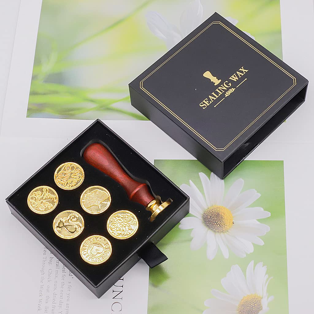 HASTHIP Wax Seal Stamp Set for Invitations and Gifts with 7 Copper Seals & Wooden Hilt | 2.5 cm Stamp Diameter