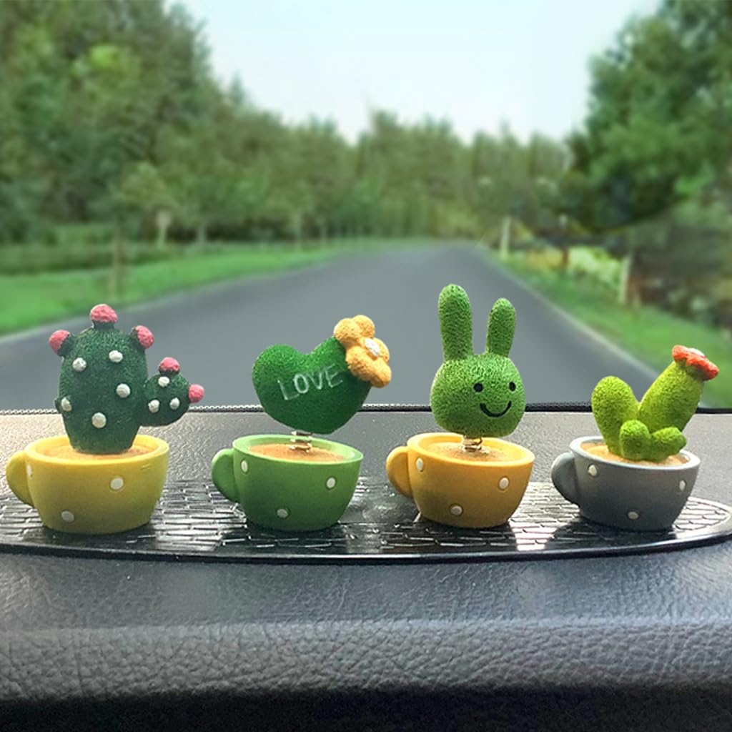 HASTHIP® 4Pcs Car Dashboard Toys Cute Cartoon Resin Car Dashboard Decoration Items Spring Swing Bunny, Heart, Cactus Plants Vibrant Car Accessories Interior Gadgets, Desk Decor, Ideal Gift