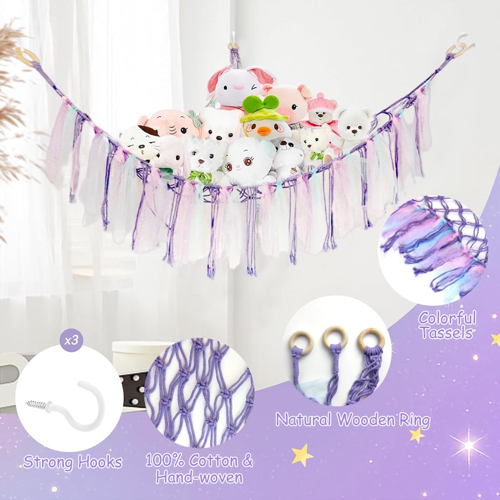 PATPAT® DIY Stuffed Animal Toy Hammock Girls Room Decoration Plush Toy Hanging Storage Net Dreamy Purple Tassle Ribbon Hanging Net Self Adhesive Hanging Decorative Net Wall Corner Triangle Hangings