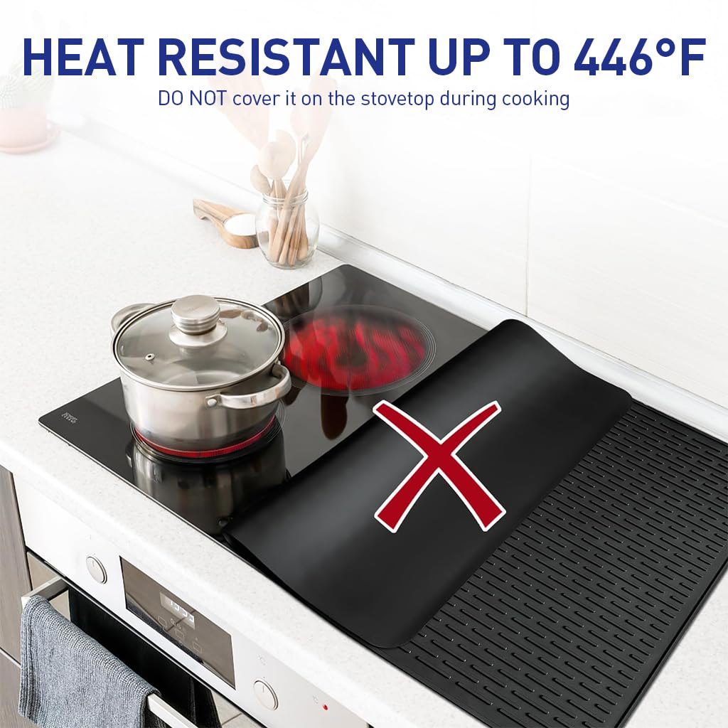 Supvox Electric Stovetop Protector Mat - Stove Top Cover for Electric Stove, Silicone Stove Mat for Glass Top Stove, Glass Cooktop Protector, Dish Drying Mat for Kitchen (Black, 27.9x20 Inches)