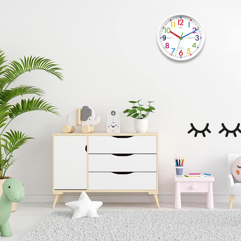HASTHIP Silent Kids Wall Clock for Teaching Time with Non Ticking Mechanism 8 inch | Colorful Roman Numerals Décor