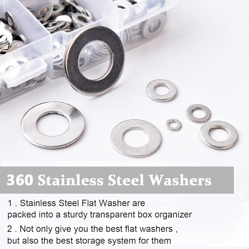 Serplex® 360PCS 304 Stainless Steel Flat Washers for Screws Bolts Fender Assortment Set Assorted Hardware Lock Metal Kit 9 Sizes M2 M2.5 M3 M4 M5 M6 M8 M10 Home Factories Repair