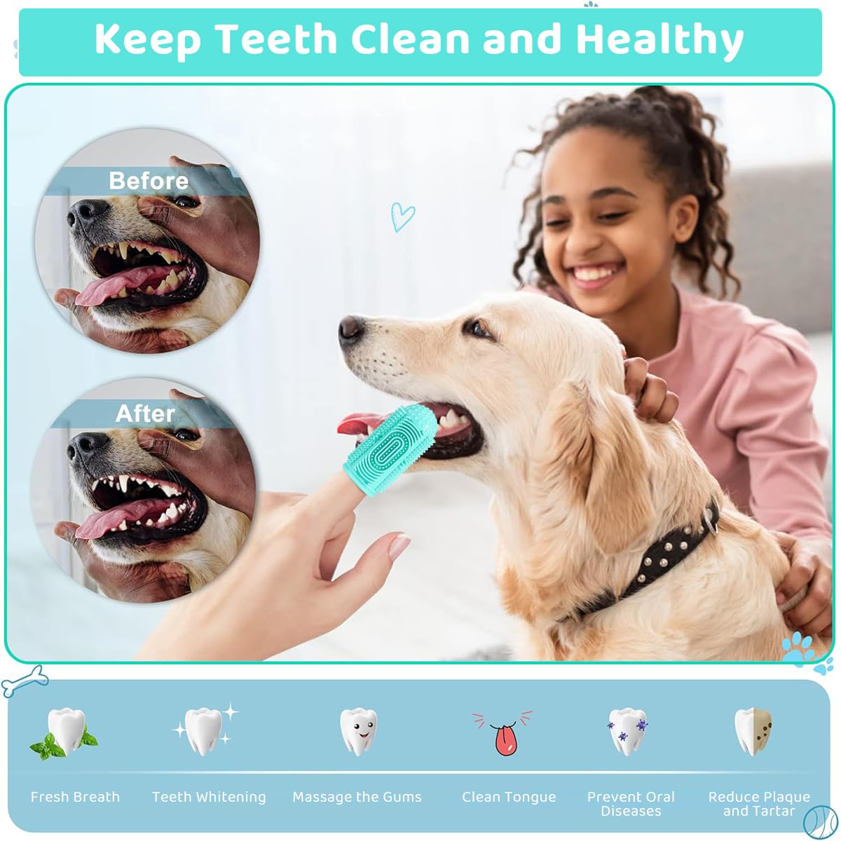 Qpets® Two-finger Dog Brush for Teeth, Cat Toothbrush, Dog Teeth Cleaning, Soft TPU Finger Dog Toothbrush, Densed Bristles, Sleeve Design Dog Toothbrush, Dental Care Supplies for Puppies