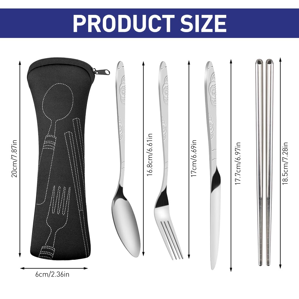 ZIBUYU® 4 Pieces Flatware Sets Knife, Fork, Spoon, Chopsticks, Rustproof Stainless Steel Tableware Dinnerware with Carrying Case for Traveling Camping Picnic Working Hiking