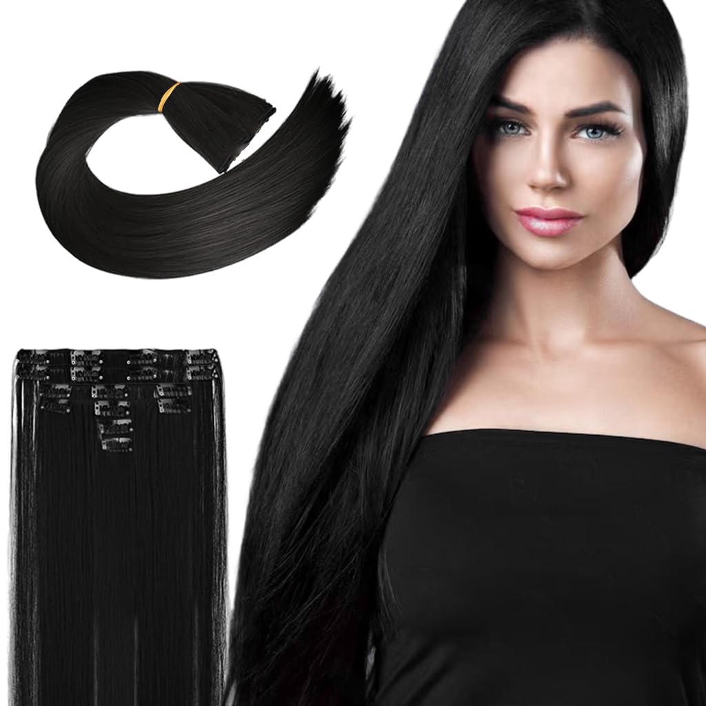 MAYCREATE Hair Extensions for Women with 7 Clip Pieces 22 in Straight Synthetic Fiber | Natural Black Seamless Volume