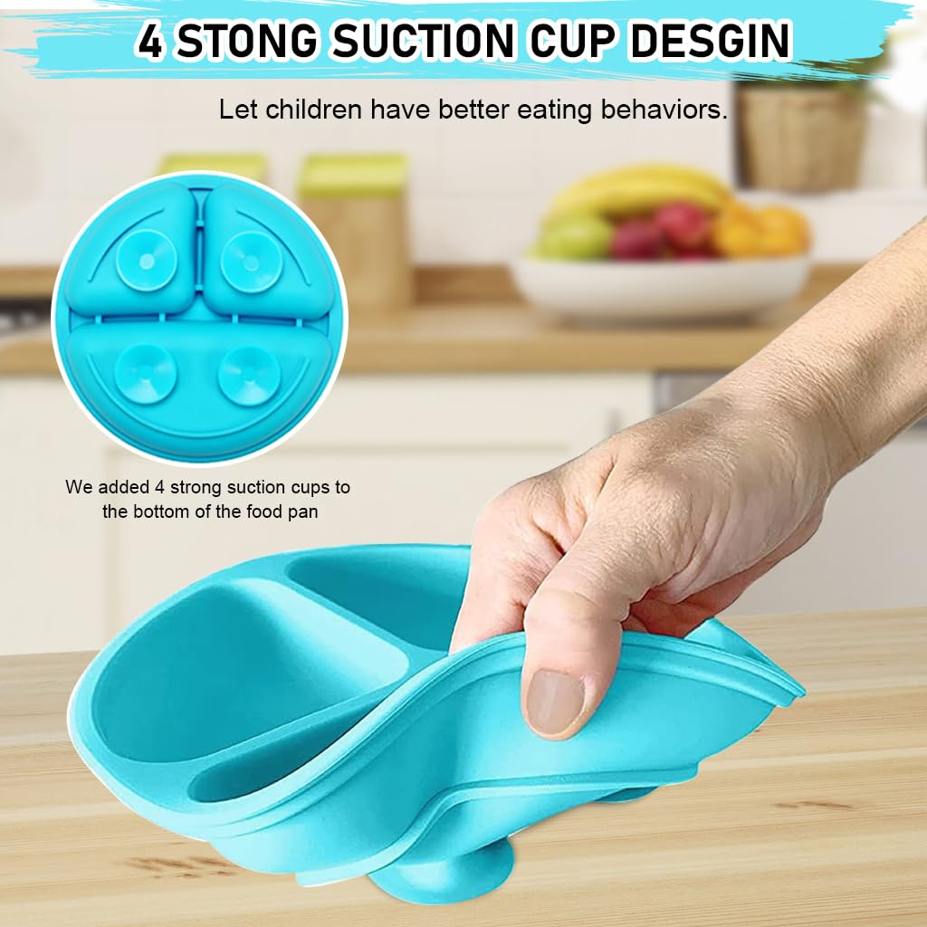 SNOWIE SOFT Baby Suction Plates for Feeding with 4 Suction Cups and 3 Compartments | BPA Free Silicone Dinnerware for Kids