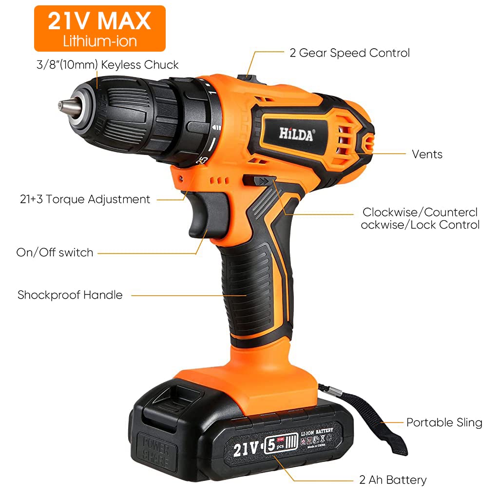 Serplex® Cordless Drill Machine Set, 21V Max Lithium-Ion Cordless Power Drill, Chuck 10 millimeters, Electric Drill with Full Set Accessories Tool Box Handheld Electric Drill for Woodwork, Repairing