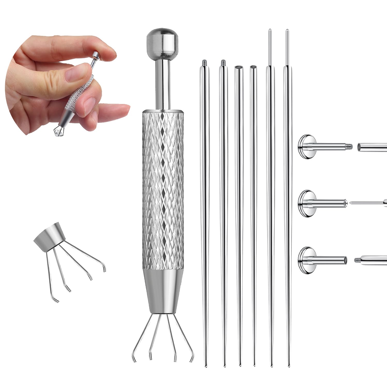 MAYCREATE® Piercing Ball Grabber Tool Kit 16G,18G Stainless Steel Flat Back Earrings Applicator with Threaded & Threadless Insertion Pins for Ear Nose Lip Body Jewelry Changes-Silver