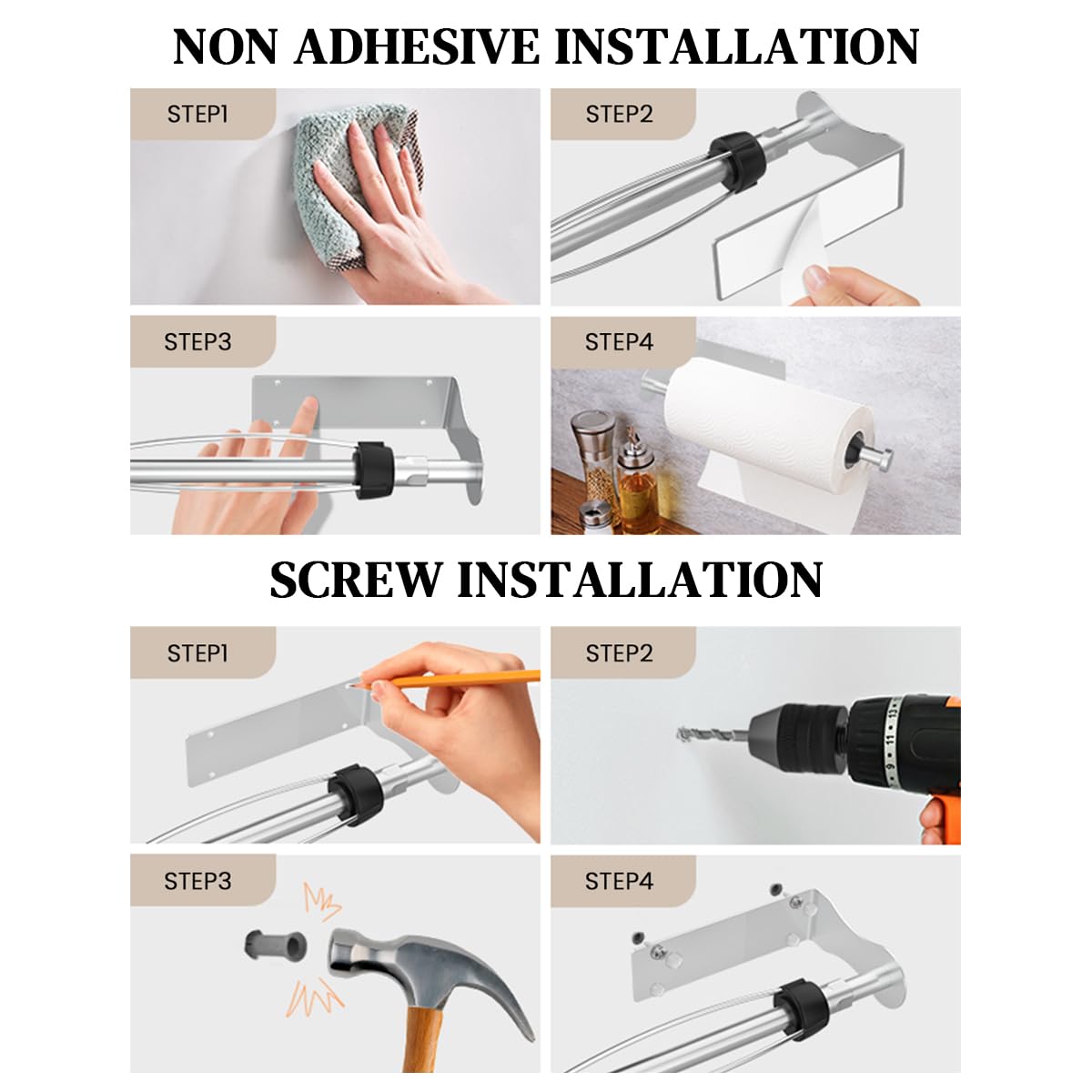 HASTHIP Paper Roll Holder for Kitchen and Bathroom with 11.8 in Bar featuring Self Adhesive Stainless Steel Design | Horizontal or Vertical Mount