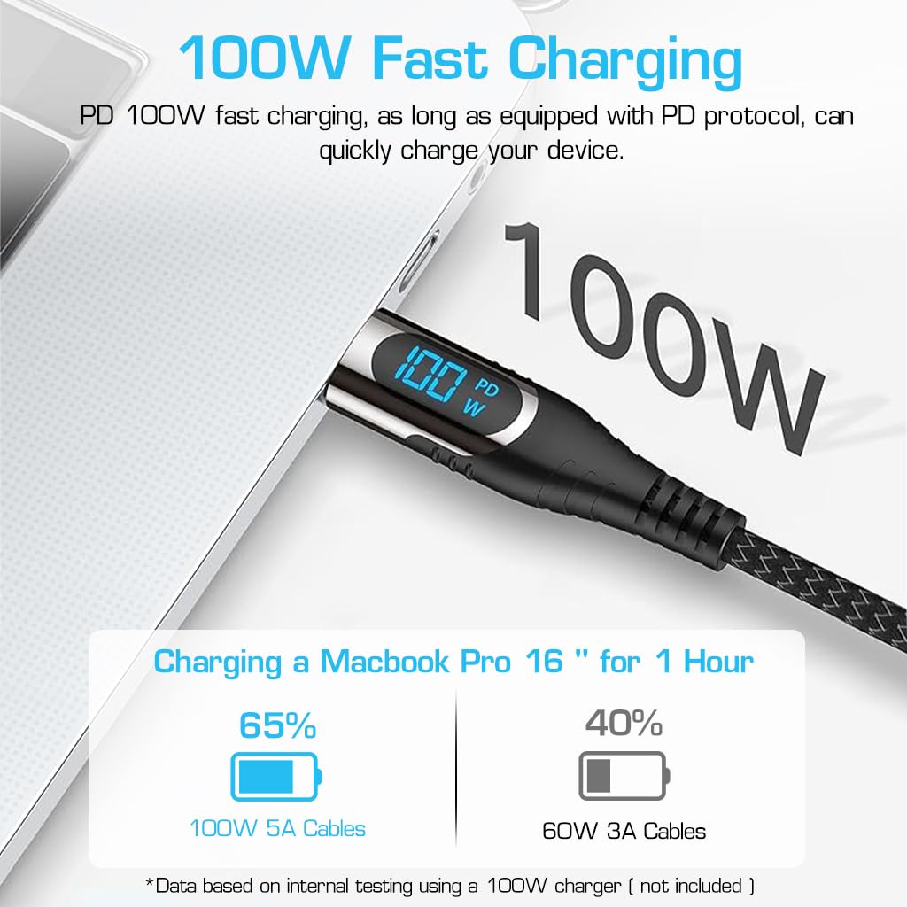 Verilux Type C to Type C Cable 3.3ft for Fast Charging with 100W PD and LED Power Display