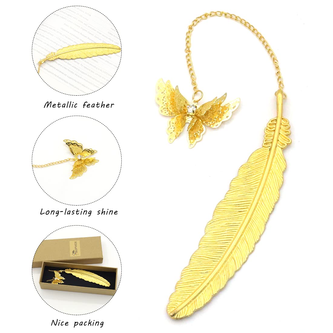 Supvox Metal Feather Bookmark for Reading and Gifting with 90 cm Chain & 3D Butterfly | Golden Copper Vintage Design