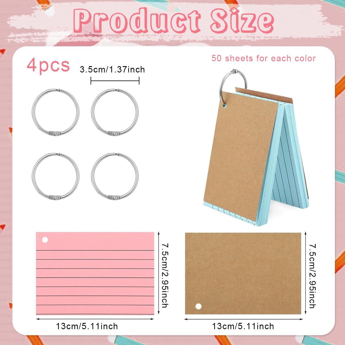 Climberty Flash Cards for Study and Notes with Binder Rings 200 Sheets 3x5 in 4 Colors