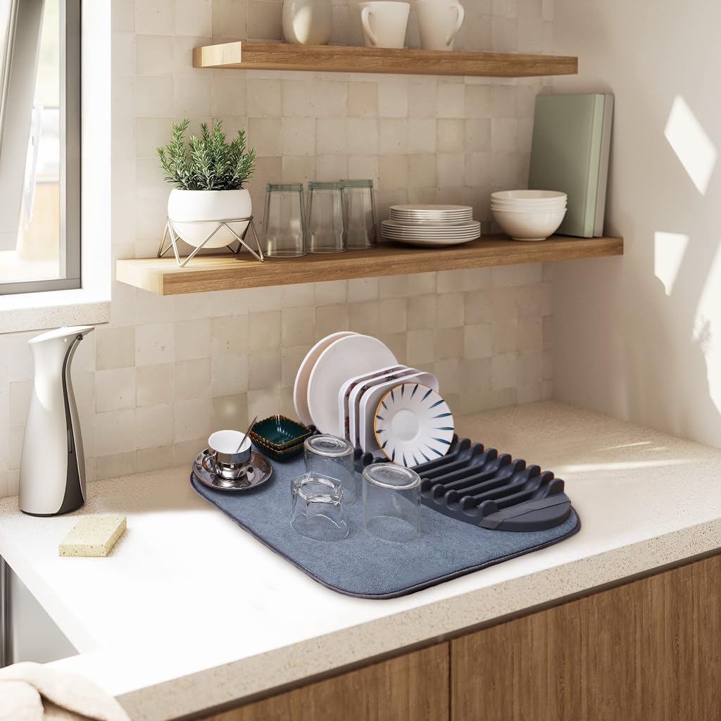 HASTHIP Dish Drying Rack for Kitchen Countertop with Removable Tray and Absorbent Mat | Prevents Water Stains and Keeps Dishes Hygienic