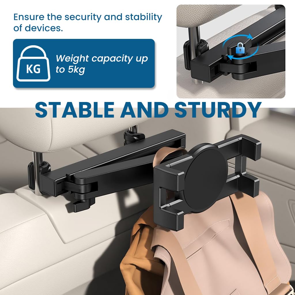 STHIRA Tablet Holder for Car Headrest with 3 in 1 Adjustable Extension Arm | 4.7–12.9 in Universal Mount