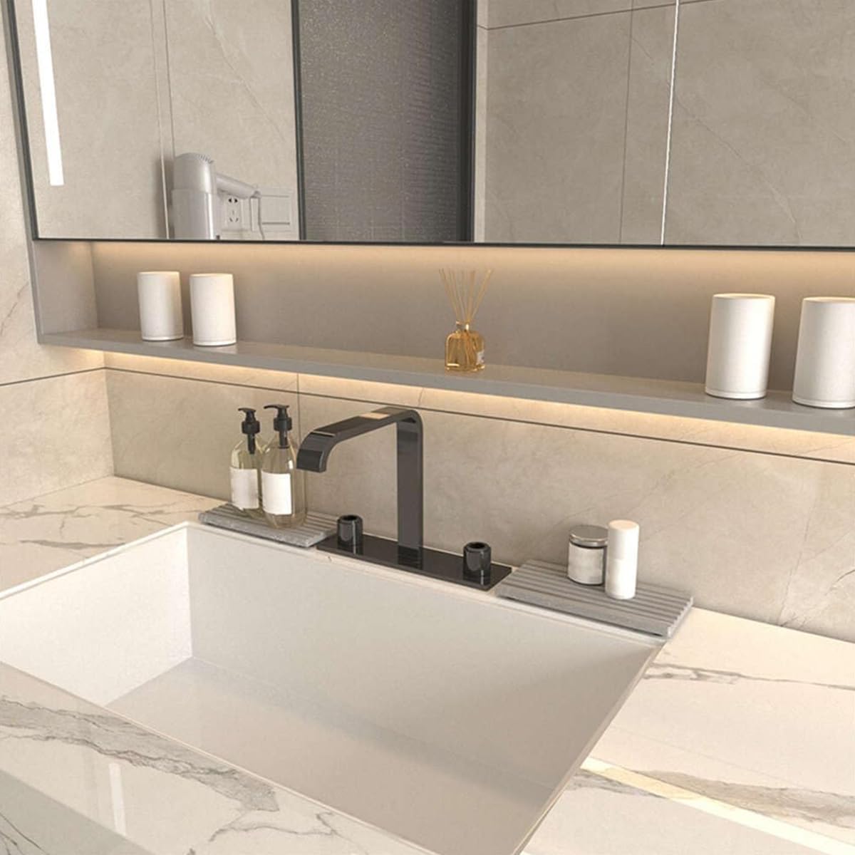 Supvox Water Absorbent Diatomite Coasters for Bathroom and Kitchen featuring Grooved Design 8.3 x 4 in Grey | Non Slip Tray and Soap Holder