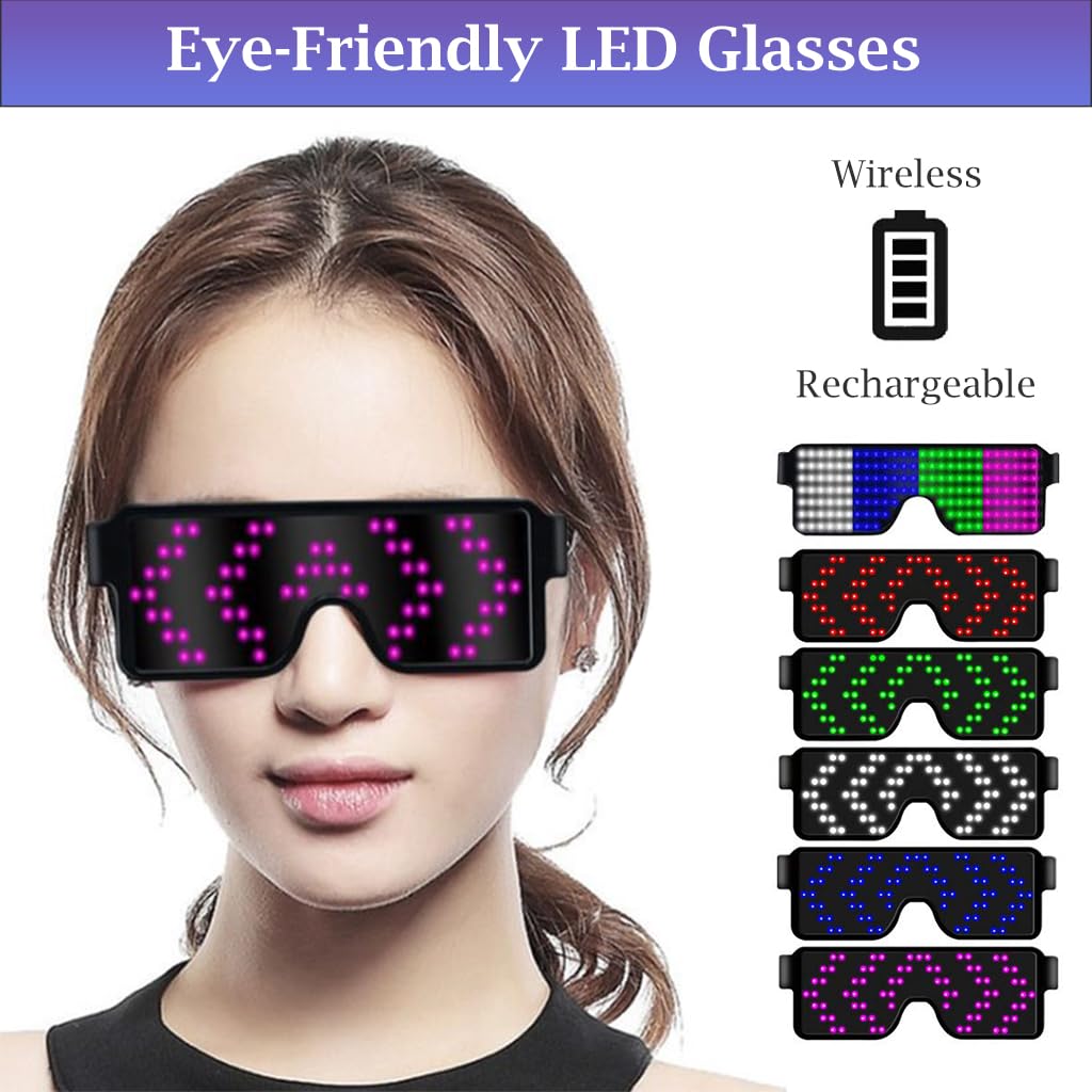 PATPAT® LED Glasses For Party, 4 Colors Upgrade Dynamic LED Glow Glasses, USB Rechargeable Light Glasses For Party Flashing Neon 11 Patterns Louvered Mirror Glow Glasses for Concerts & Nightclubs