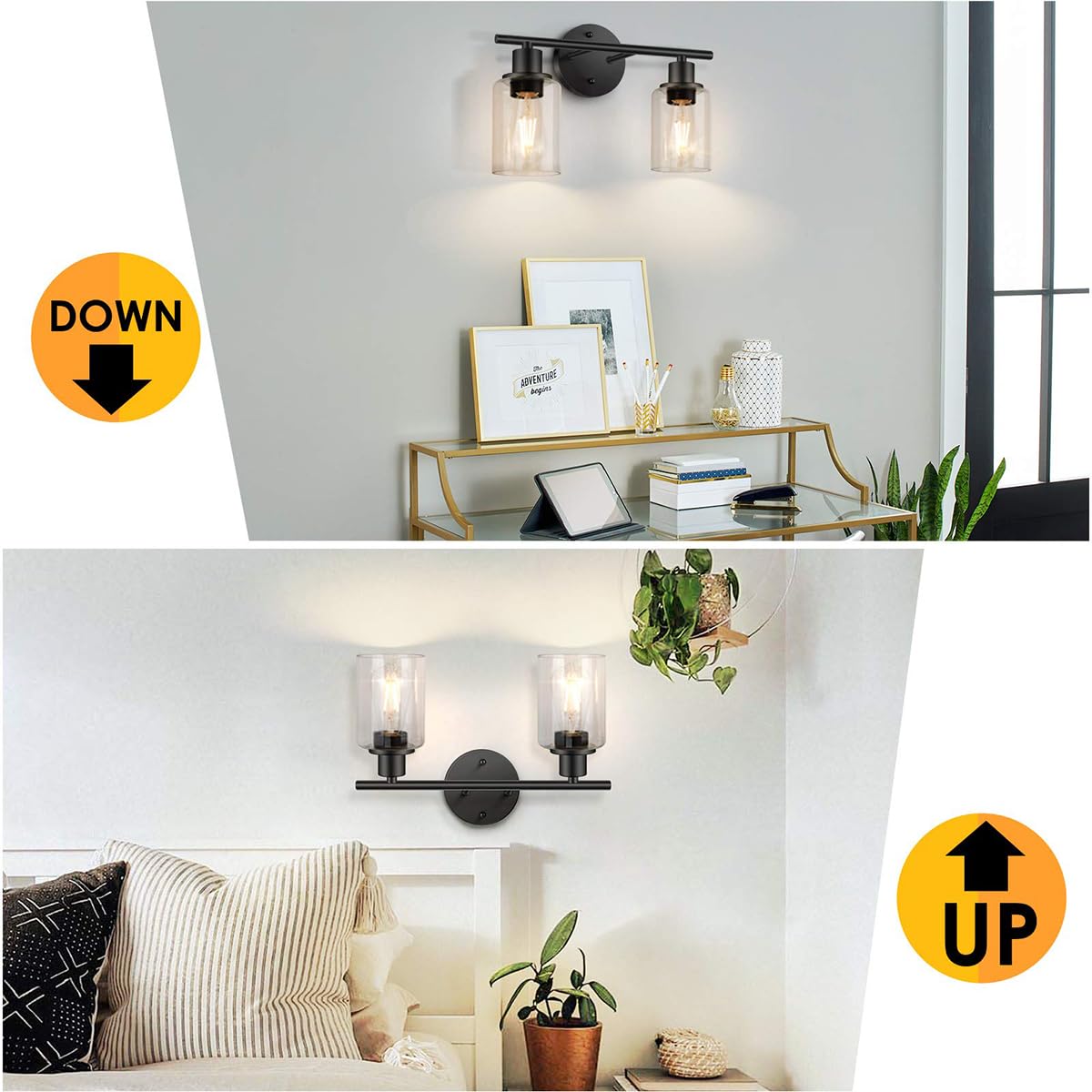 ELEPHANTBOAT E27 Wall Mounting Light Fixture for Bedroom and Hallway with Dual 10cm Glass Lampshades featuring Screw Fixing Base | Matte Black Metal Design