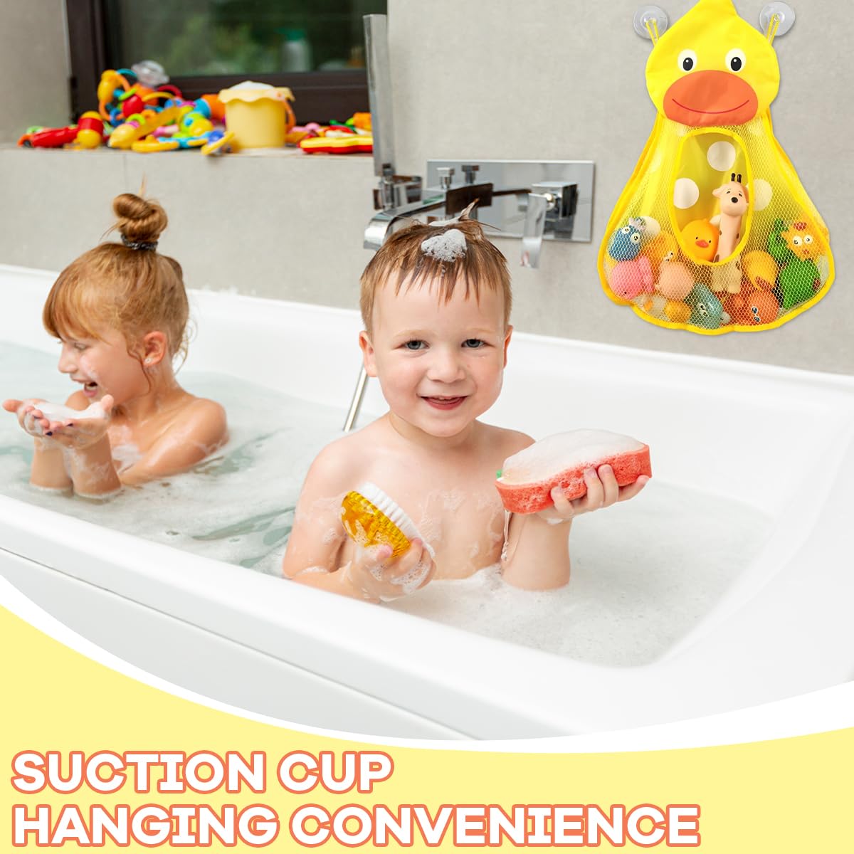 SNOWIE SOFT Bath Toy Storage Organizer for Bathroom with Suction Cups and Quick Dry Mesh | Cartoon Yellow Duck Kids Toy Bag