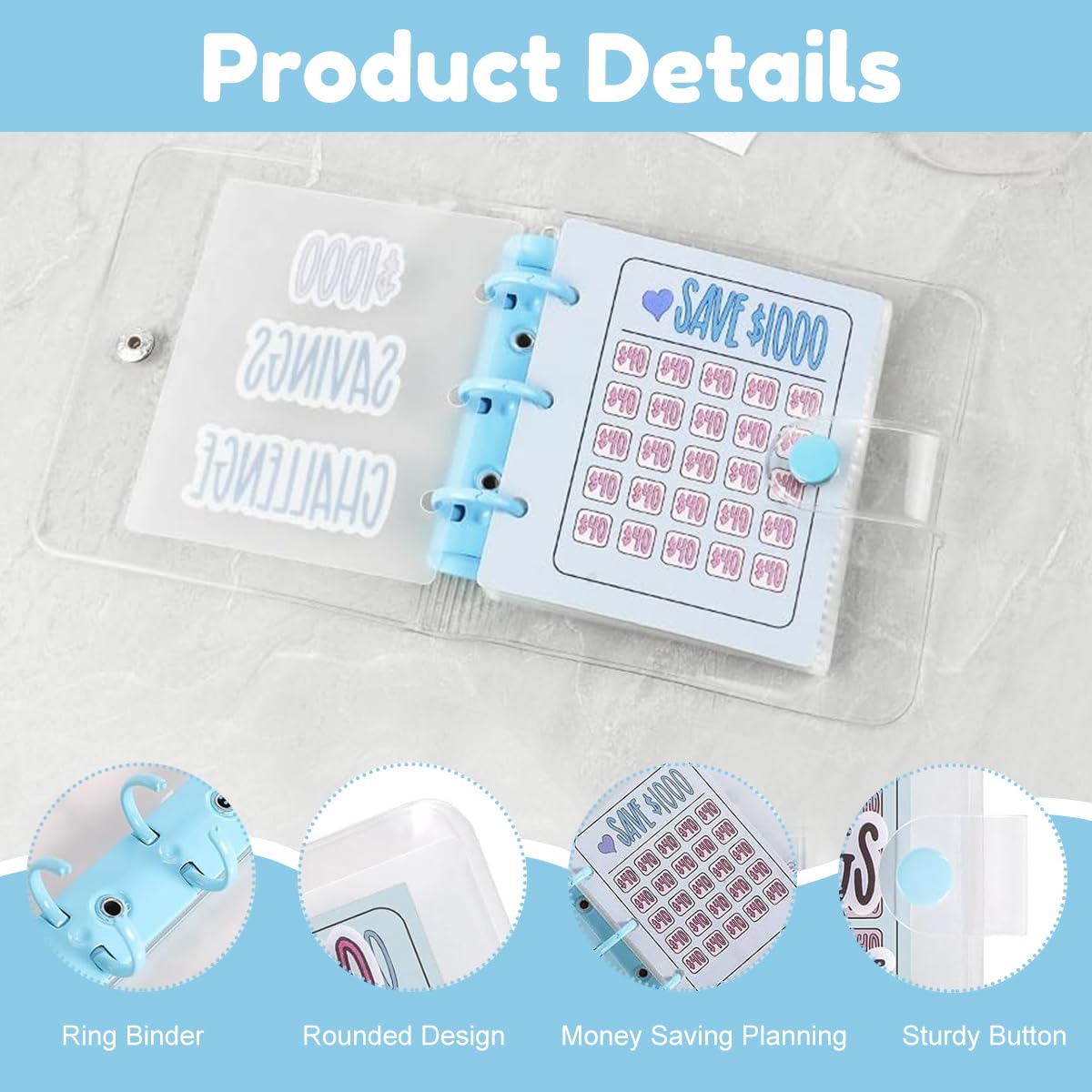 OFIFO Money Saving Box Binder for 1000 Challenge with PVC Cash Pockets and Snap Closure | Portable Piggy Bank for Adults