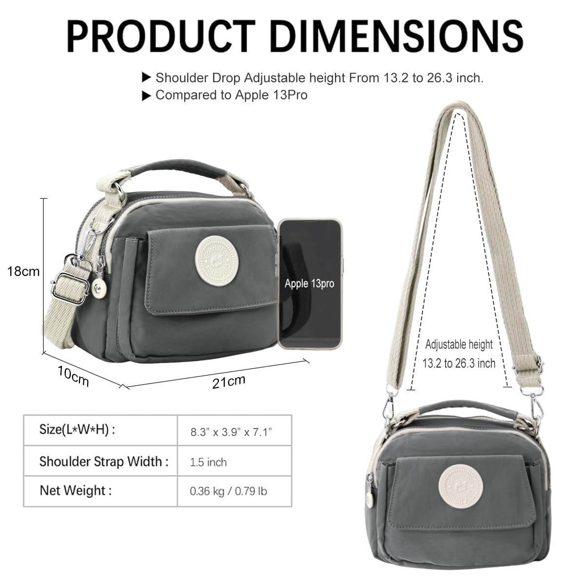 PALAY Hand Bag for Women with 21x10x18cm Size and Three Zippered Compartments | Grey Nylon Shoulder and Sling Style