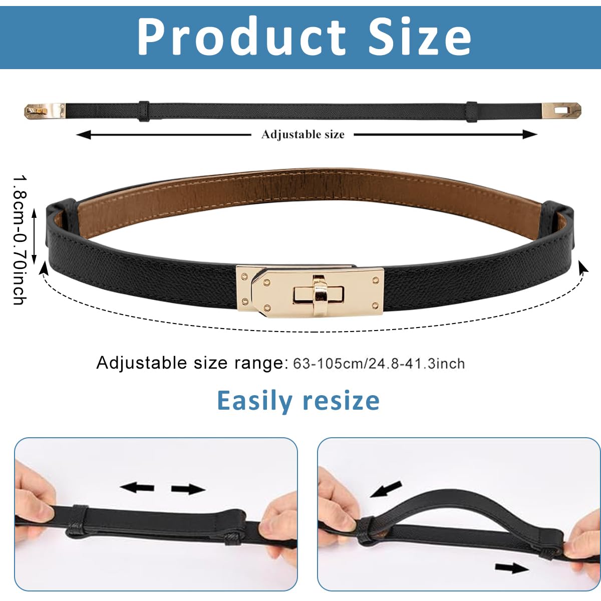 PALAY Waist Belt for Women Dresses with Metal Snap Button and PU Leather Black Design 65–105 cm