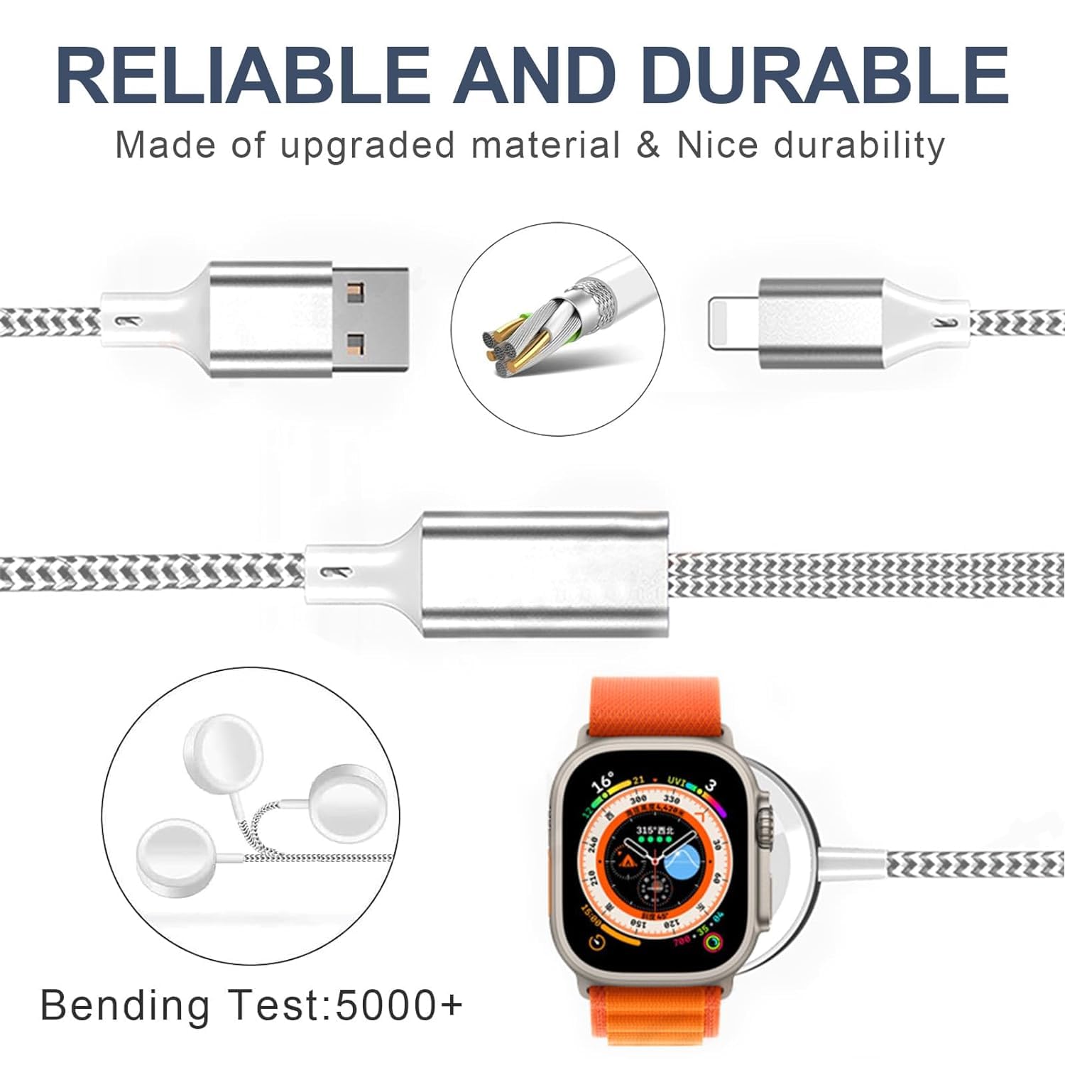 Zeitel 2 in1 Watch Charger Cable for Apple Devices with Magnetic Fast Charging | 3.3 ft Braided Nylon