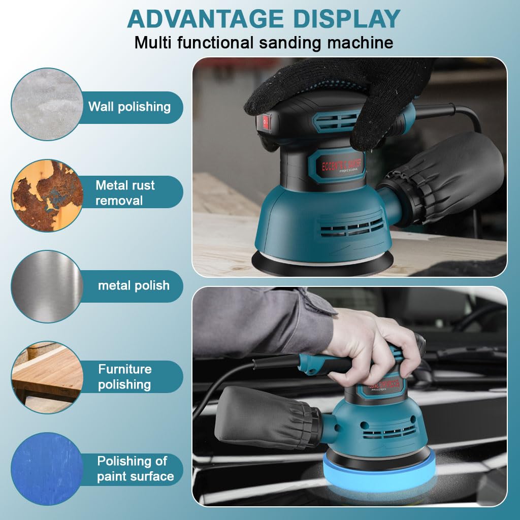 Serplex Electric Sander for Wood Metal and Plastic with 300W Motor and Dust Collector | 5000-12000RPM Adjustable Speed